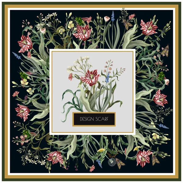 Design scarf with wild flowers and insects. Trendy vector print. —  Vetores de Stock