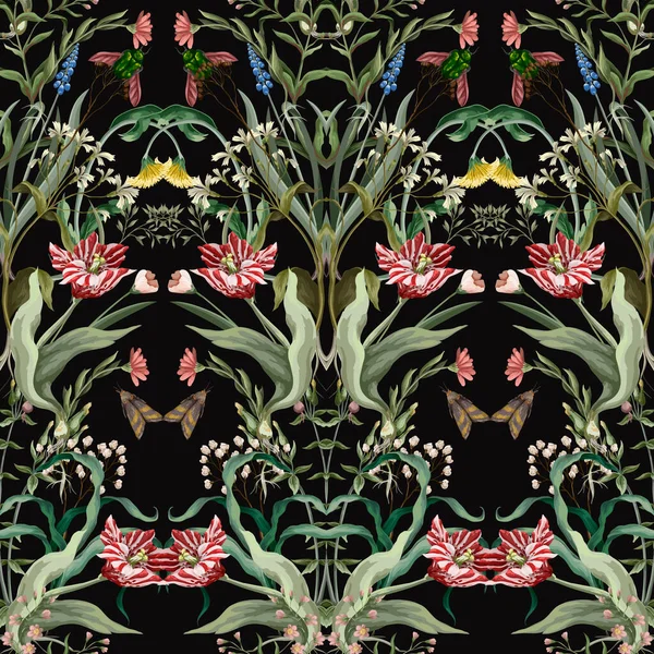 Seamless pattern with wild thin flowers and insects. Trendy botanical print. — Stok Vektör