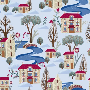 Seamless pattern with Christmas elements, snowy city, river and trees.