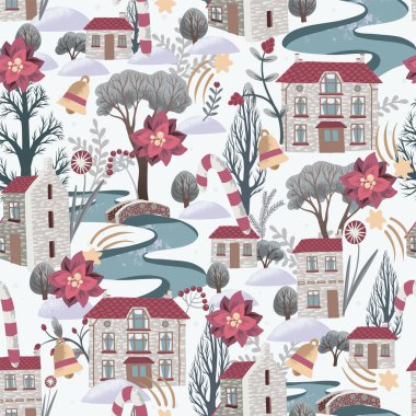 Seamless pattern with Christmas elements, snowy city, river and trees