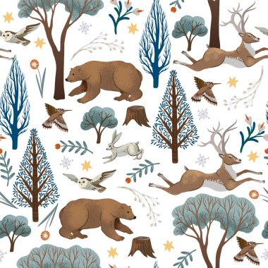 Christmas seamless pattern with trees and animals. Vector holiday background for print.