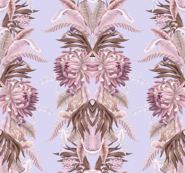 Seamless pattern with light tropical leaves and flowers. Trendy textile print.