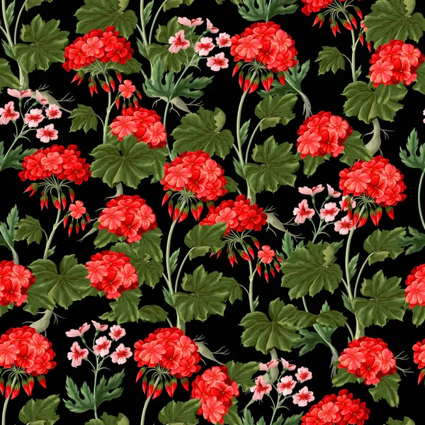 Seamless pattern with geraniums and wild flowers. Trendy floral vector print. — Vetor de Stock