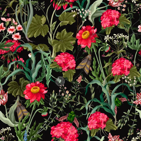 Seamless pattern with geraniums, insects and wild flowers. Trendy floral vector print. — Stok Vektör