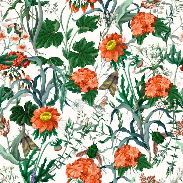 Patrón sin costuras con geranios, insectos y flores silvestres. Moda impresión floral vector. — Archivo Imágenes Vectoriales
