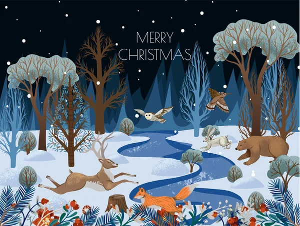Greeting card or poster with trees and animals. Vector holiday background for print. — Image vectorielle