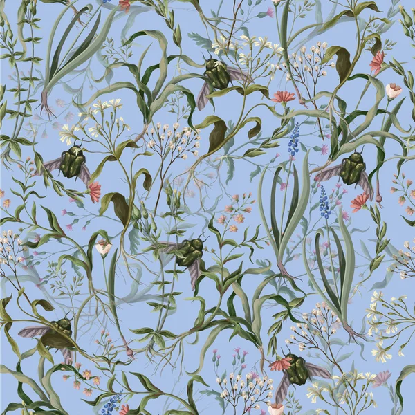 Seamless pattern with wild thin flowers and insects. Trendy botanical print. — Stock vektor