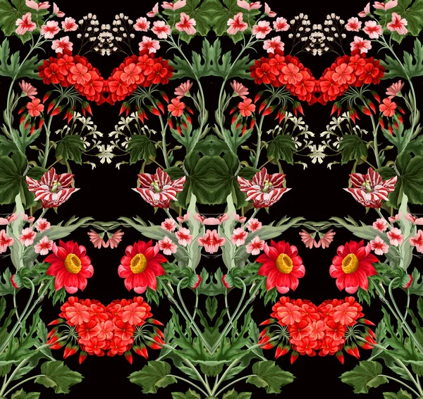 Seamless pattern with geraniums and wild flowers. Trendy floral vector print. — Stok Vektör