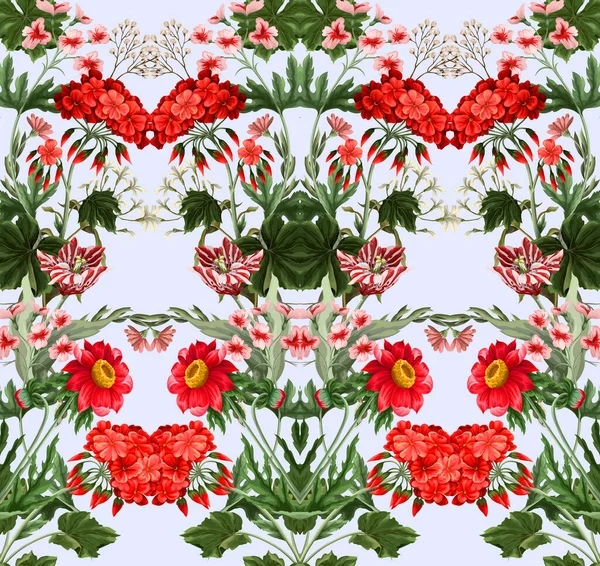 Seamless pattern with geraniums and wild flowers. Trendy floral vector print. — Stok Vektör