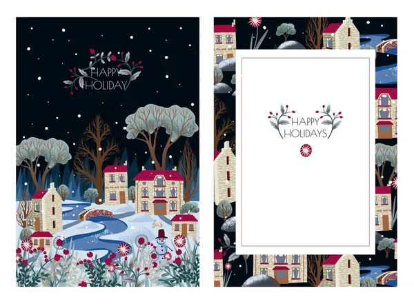 Greeting card or poster with Christmas town. Snowy city with river and trees. — Stockový vektor