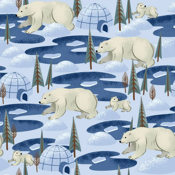 Seamless pattern with white arctic bears. Trendy Christmas print. —  Vetores de Stock