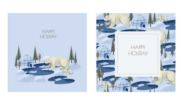 북극에 사는 흰 곰들 과 함께 크리스마스 인사 카드. — 스톡 벡터