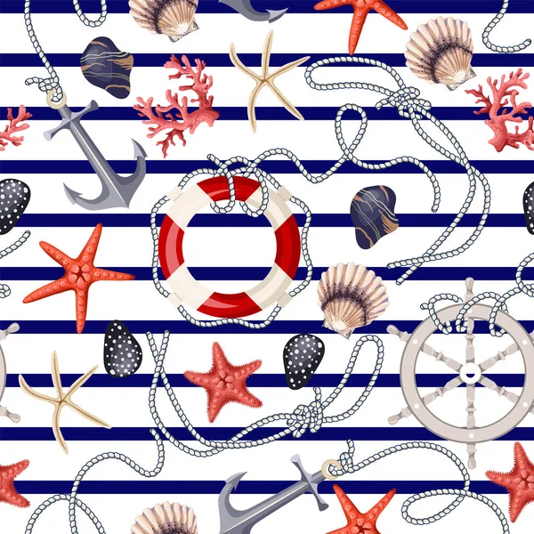 Seamless pattern with starfishes, anchors, shells and lifebuoys. Vector. — Stock Vector