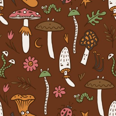 Mantar sonbahar vektörü orman solucanları çiçek yaprakları ve komik böceklerle kusursuz desen.