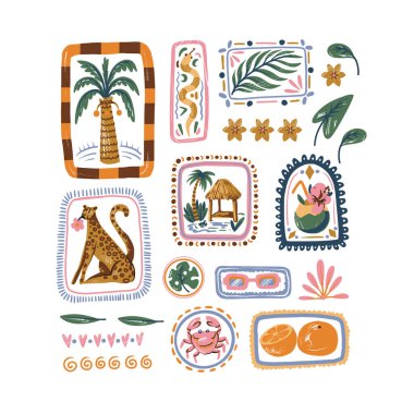 Square summer vector seamless pattern tropical animals palm leaves fruit crab hut beach