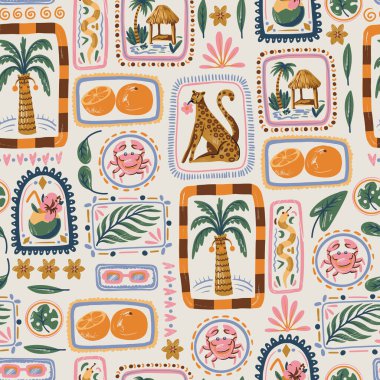 Square summer vector seamless pattern tropical animals palm leaves fruit crab hut beach