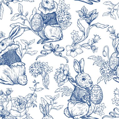Easter rabbit seamless vector pattern with eggs flowers vintage toile style holiday design.