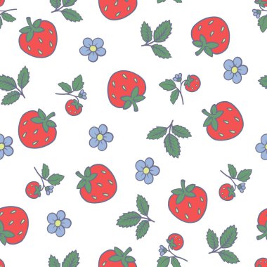 Çilek ve çiçek yapraklı ve meyveli dikişsiz vektör deseni bahar tasarımı.