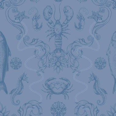 Yengeç, ahtapot, deniz atı, deniz yıldızı ve karides desenli balık deniz vektörü..