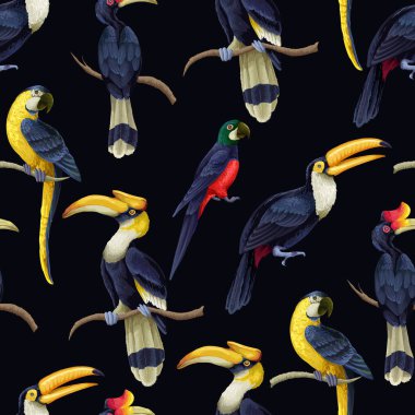 Tropik kuşlar, egzotik tukanlarla kusursuz bir desen çizerler. Papağanlar renkli vahşi yaşam çizimleri tasarlarlar..