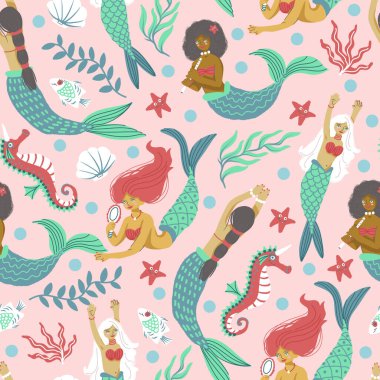Dalgalı okyanus elementleri, fantezi sualtı kızları ve deniz canlıları ile kusursuz deniz kızı vektör deseni.