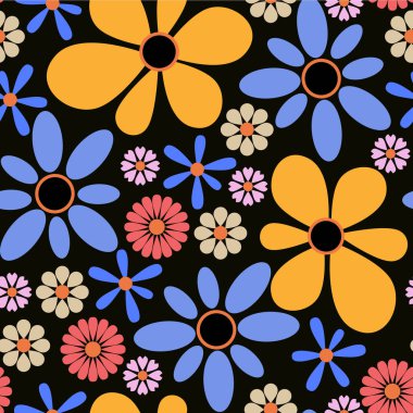 Çiçeksiz vektör deseni. Siyah arka planda retro çiçekleri renkli şekiller..