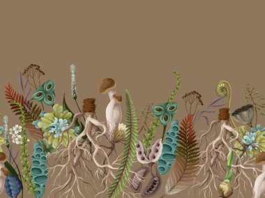 Vahşi yosun kökü organik toprak toprak ham botanik elementler eko sınır vektör deseni tasarımı.