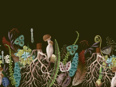 Vahşi yosun kökü organik toprak toprak ham botanik elementler eko sınır vektör deseni tasarımı.