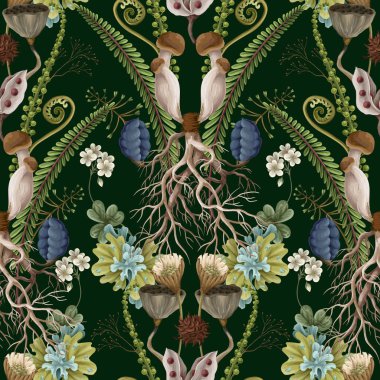 Vahşi yosun kökü organik toprak, ham botanik elementler, ekosistemsiz vektör deseni tasarımı..