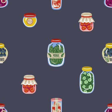 Tatlı yemek kavanozu, turşu, zeytin, bal reçeli dikişsiz vektör deseni..