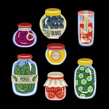 Tatlı yemek kavanozu, zeytin turşusu ve bal reçeli izole vektör deseni..