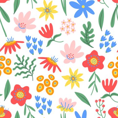 Renkli çiçekler elle çizilmiş halk botanik elementleriyle kusursuz vektör deseni.