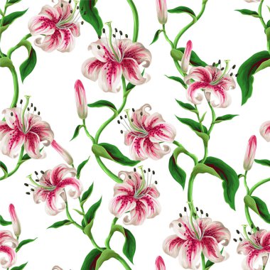 Zarif zambaksız vektör deseni pembe zambaklı yeşil yapraklı botanik çiçek desenli.