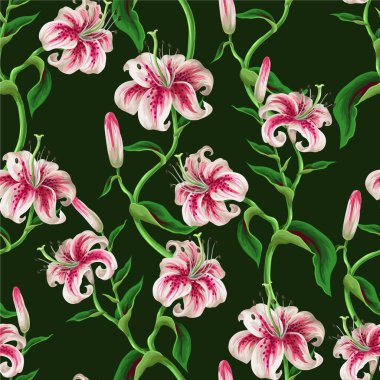 Zarif zambaksız vektör deseni pembe zambaklı yeşil yapraklı botanik çiçek desenli.