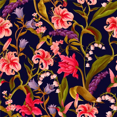 Lüks zambak, egzotik çiçekler ve kuşlarla süslenmiş kusursuz vektör deseni..