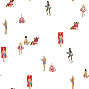 Yaz insanları plajsız vektör deseni ile tatil aktiviteleri yüzüyor güneşlenme resimlerini sergiliyor..