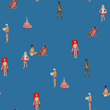 Yaz insanları plajsız vektör deseni ile tatil aktiviteleri yüzüyor güneşlenme resimlerini sergiliyor..