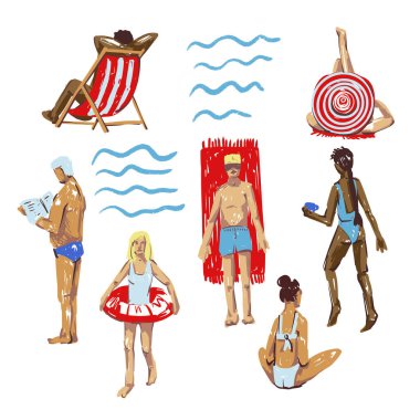 Yaz insanlarının plaj vektörleri, tatil aktiviteleriyle izole edilmiş güneşlenme resimlerini rahatlatıyor..