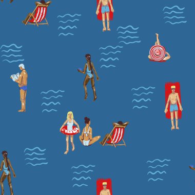 Yaz insanları plajsız vektör deseni ile tatil aktiviteleri yüzüyor güneşlenme resimlerini sergiliyor..