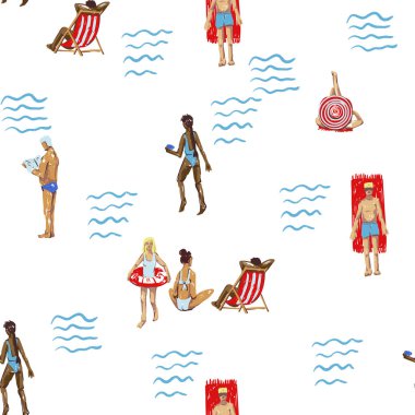 Yaz insanları plajsız vektör deseni ile tatil aktiviteleri yüzüyor güneşlenme resimlerini sergiliyor..