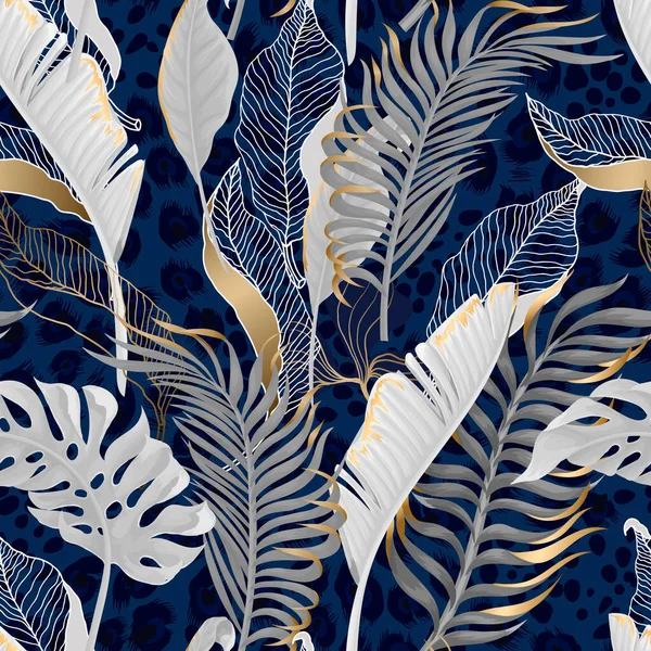 Mavi leopar arka planında altın elementli beyaz tropikal yapraklı kusursuz desen