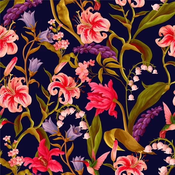 Lüks zambak, egzotik çiçekler ve kuşlarla süslenmiş kusursuz vektör deseni..