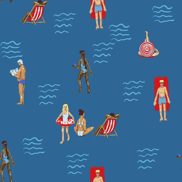 Yaz insanları plajsız vektör deseni ile tatil aktiviteleri yüzüyor güneşlenme resimlerini sergiliyor..