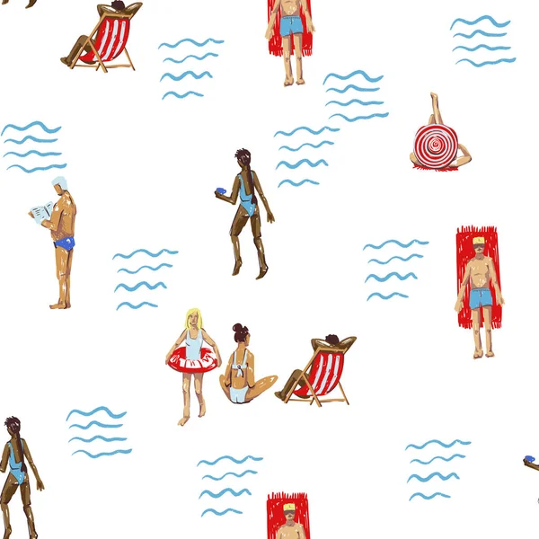 Yaz insanları plajsız vektör deseni ile tatil aktiviteleri yüzüyor güneşlenme resimlerini sergiliyor..