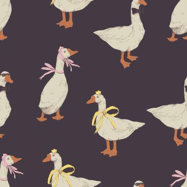 Çiçekli şirin, dikişsiz vektör deseni yaylar el çizimi çiftlik illüstrasyonları..