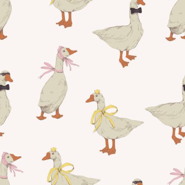 Çiçekli şirin, dikişsiz vektör deseni yaylar el çizimi çiftlik illüstrasyonları..