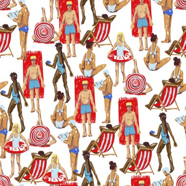 Yaz insanları plajsız vektör deseni ile tatil aktiviteleri yüzüyor güneşlenme resimlerini sergiliyor..