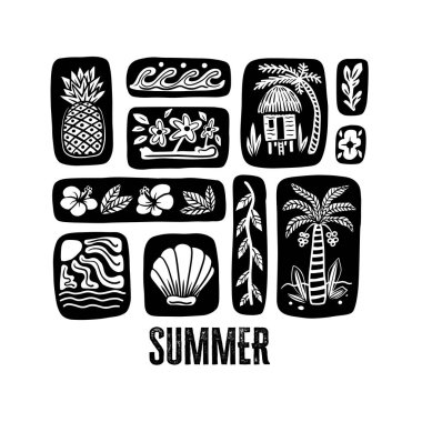 Palmiye ağaçları, ananaslar, kabuklar, okyanus dalgaları, yapraklar, kulübeler ve kıyı elementleri de dahil olmak üzere el yapımı tropikal kare simgeleri içeren yaz vektörü. Sıcak toprak renginde bir palet retro, boho, ve