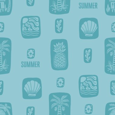 Palmiye ağaçları, ananaslar, kabuklar, okyanus dalgaları, yapraklar, kulübeler ve kıyı elementleri de dahil olmak üzere el çizimi tropikal kare ikonları içeren kusursuz yaz vektör deseni. Sıcak toprak renginde bir palet