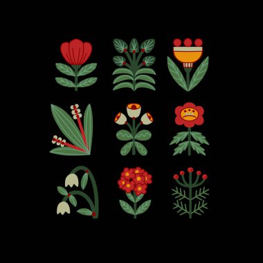 İskandinav ve halk sanatı tasarımlarından esinlenilmiş izole vektör çiçek elementleri kümesi.